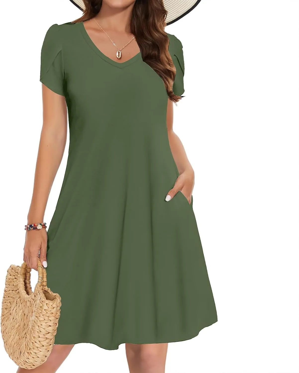 YRAETENM Summer Dresses for Women 2025 Casual Mini Short Sleeve A-Line Dress Flowy Swing Vocation Beach Sundress with Pockets